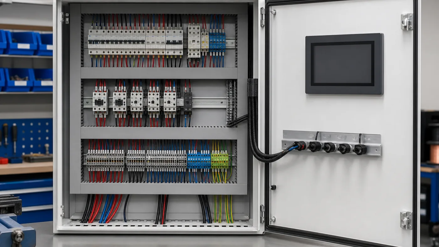 Quadro elettrico in preparazione per una macchina industriale