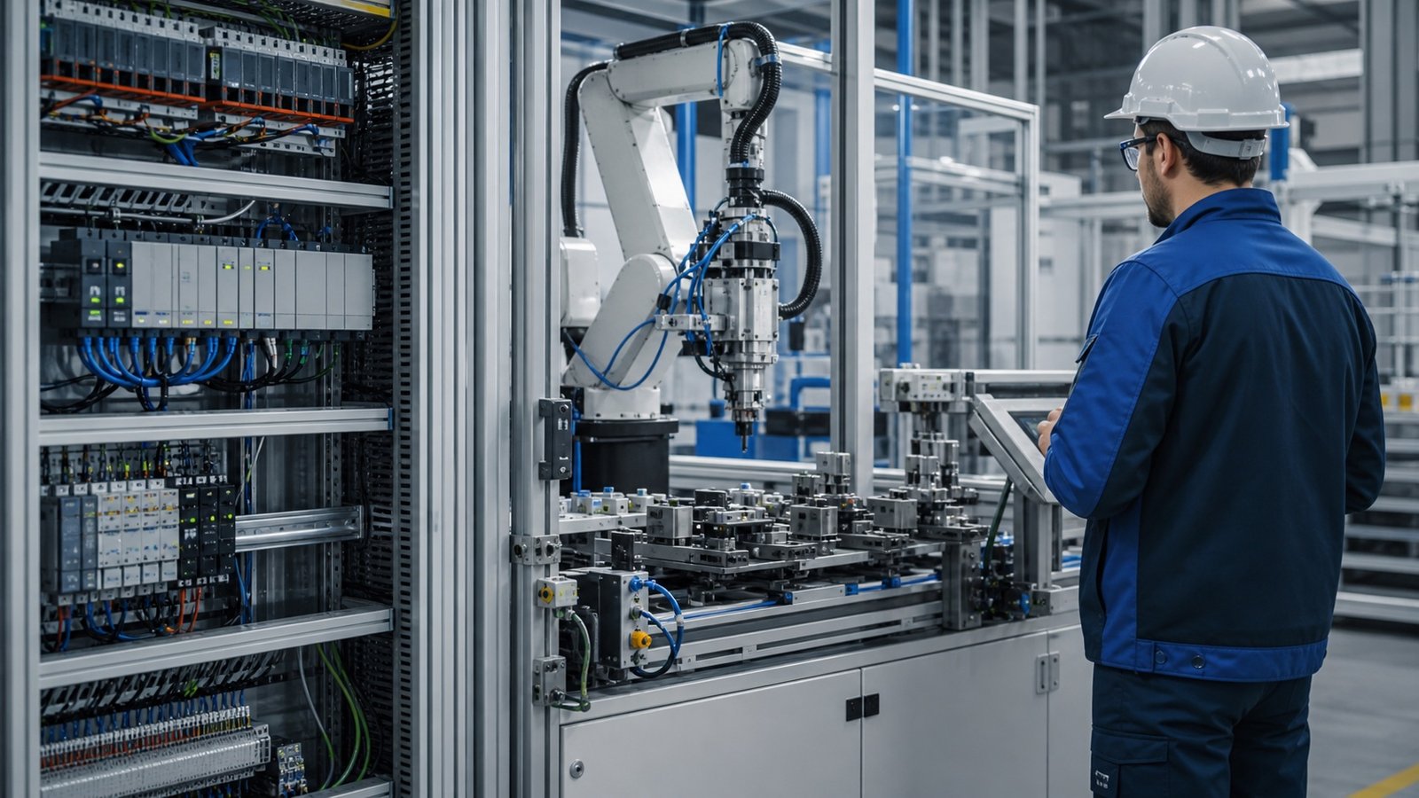 Tecnico che supervisiona una cella automatizzata con PLC e robot industriale